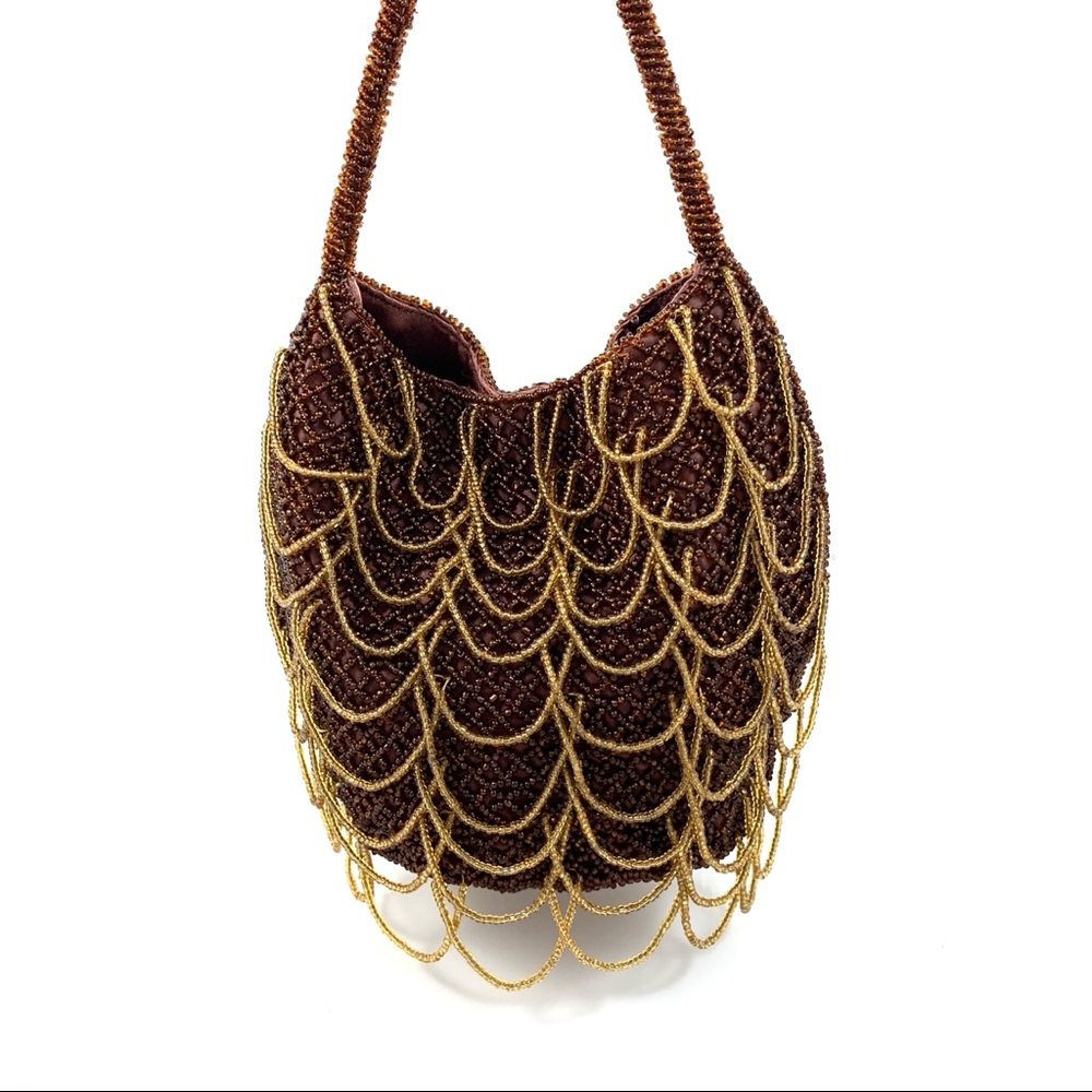 ❌SOLD❌ VTG brown and gold glass beaded scalloped mini bag - Picture 2 of 8
